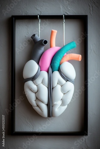 Colorful Yarn Heart and Brain Textile Art Sculpture