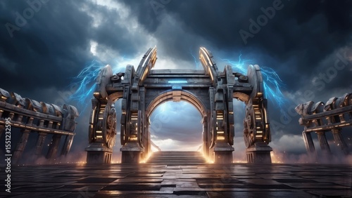 Epic Archway portal to another dimension bathed in ethereal blue light and dramatic stormy clouds above