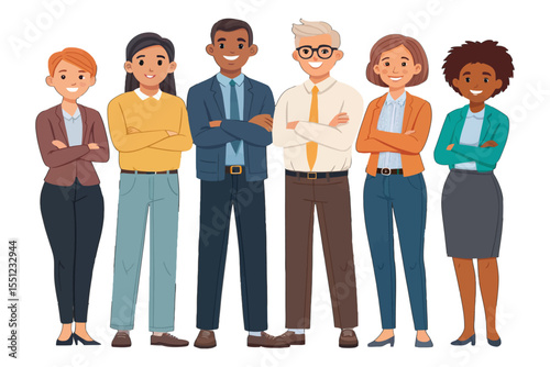 Diverse Team Standing Strong: A group of colleagues, a harmonious representation of a work environment, stand together with arms crossed. Reflecting a team of diverse individuals.