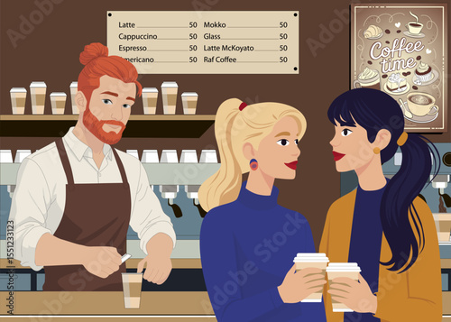 Coffee shop with red barista. Equipment for making coffee. Man serving customers. Two cute young girls talking over a cup of coffee. Vector hand drawn coffee story illustration