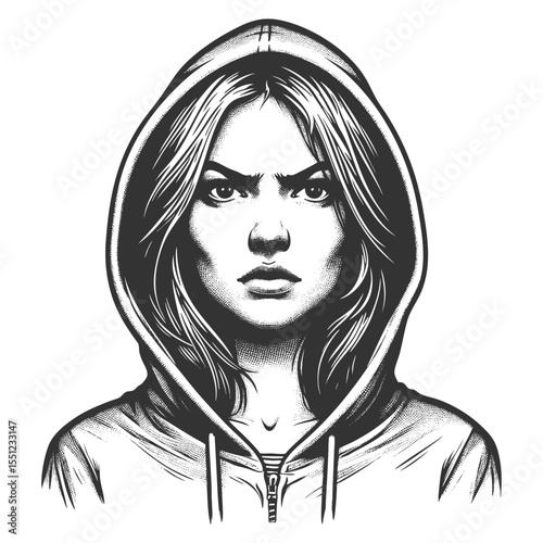 determined young woman wearing a hoodie, staring intensely with a confident and serious gaze sketch engraving generative ai fictional character vector illustration. Scratch board. Black and white.