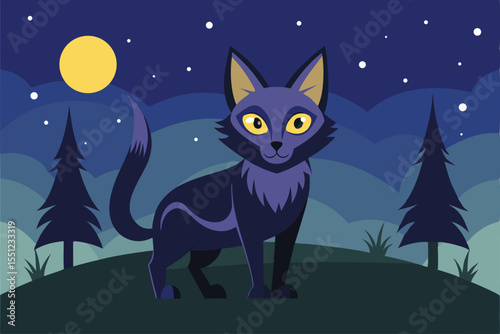 Mystical Night Scene A Sleek Black Cat in a Forest Glade Under a Starry Sky and Full Moon