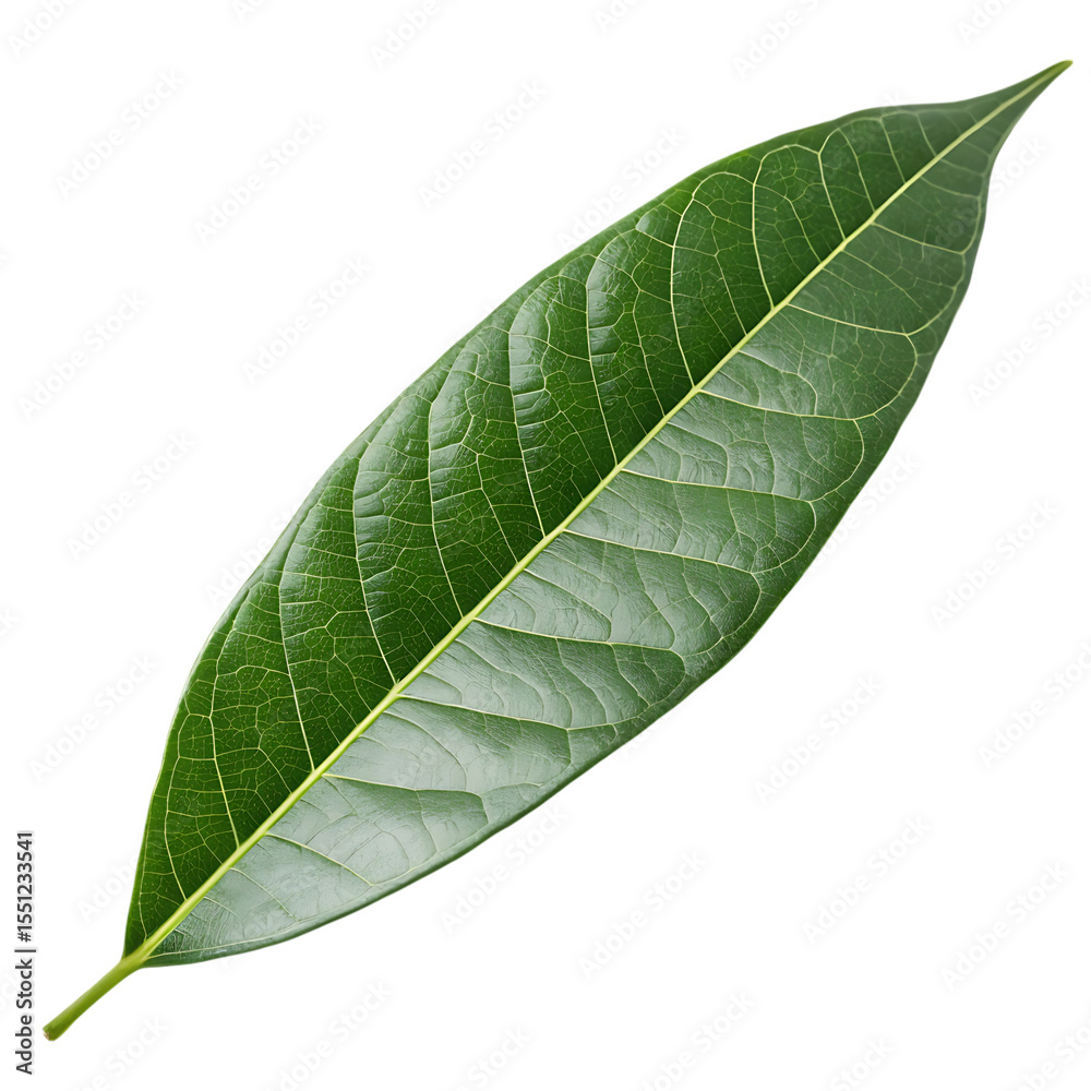 Obraz premium A single vibrant green leaf with prominent veins isolated on a black background