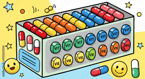 Cartoonish blister pack of colorful pills and tablets with smiley faces and stars