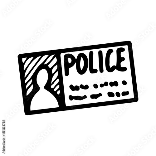 Police card. Hand drawn doodle vector. Business card. Identity card. Document. Illustration line art element.