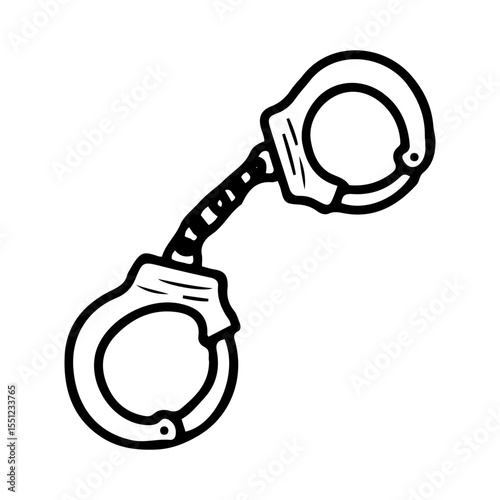 Police handcuffs. Hand drawn doodle vector. Equipment for detaining a criminal. Metal object that holds hands together. Illustration line art element.
