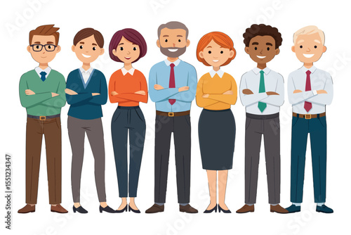 Diverse Professional Gathering: An illustration depicting a diverse group of professionals, each person standing with arms crossed, embodying unity, competence, and collaboration.
