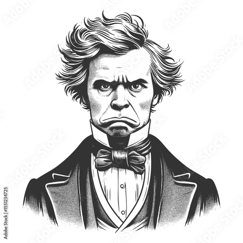 stern man with messy hair and a bow tie, expressing anger or disapproval in retro fashion sketch engraving generative ai fictional character vector illustration. Scratch board. Black and white image.