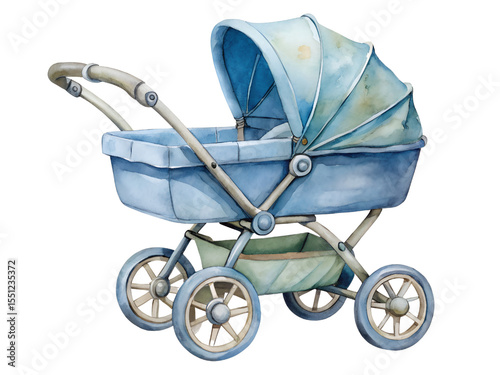 Blue Watercolor Baby Stroller Illustration on Transparent Background, Watercolor Clipart Illustration With Isolated Background.
