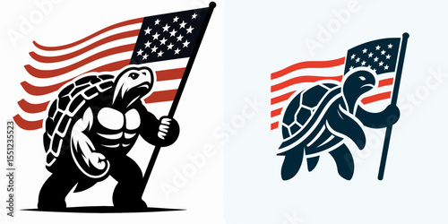 Turtle hold american flag. Independence Day 4th of July Flag Patriotism Usa America Clipart Line Art Vector Illustration. Reptile carrying banner patriotic zoological national symbol image.