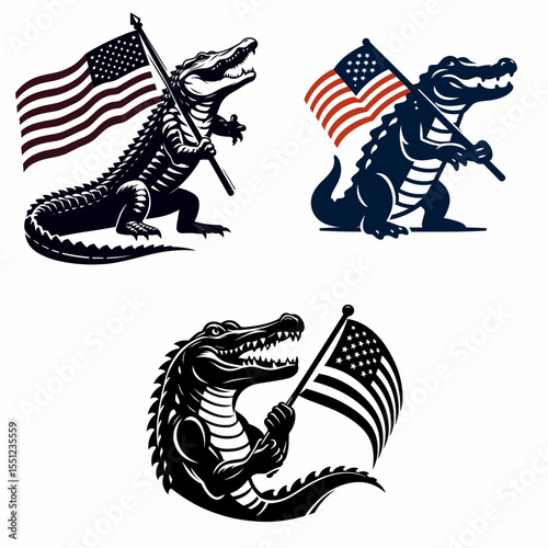 Alligator hold american flag. Independence Day 4th of July Flag Patriotism Usa America Clipart Line Art Vector Illustration. Reptile grip with banner a political gesture or national emblem.