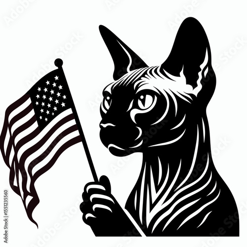 Sphynx Cat hold american flag. Independence Day 4th of July Flag Patriotism Usa America Clipart Line Art Vector Illustration. Hairless feline gripping banner patriotic pet displaying.