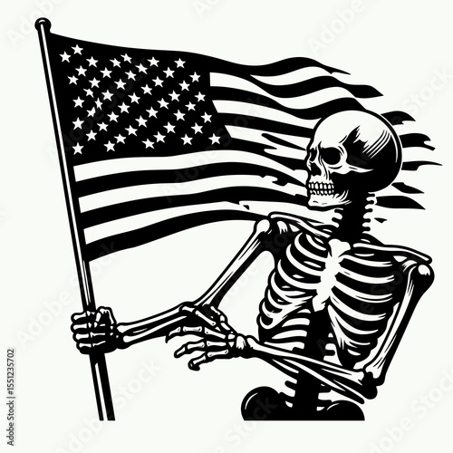 skeleton hold american flag. Independence Day 4th of July Flag Patriotism Usa America Clipart Line Art Vector Illustration. Bony figure grasp banner patriotic image for decoration spooky.