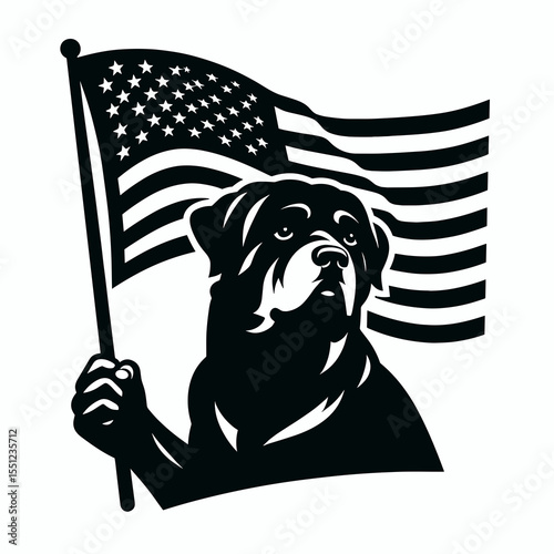 Rottweiler Dog hold american flag. Independence Day 4th of July Flag Patriotism Usa America Clipart Line Art Vector Illustration. Big canine grips banner purebred pet animal supports.