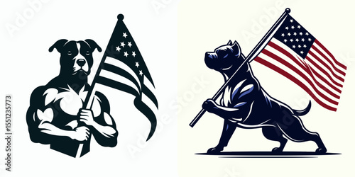 Pittbulls Dog hold american flag. Independence Day 4th of July Flag Patriotism Usa America Clipart Line Art Vector Illustration. Pitbull canine clutching united states banner patriotic pup.