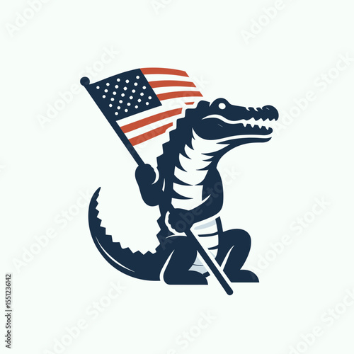 Crocodile hold american flag. Independence Day 4th of July Flag Patriotism Usa America Clipart Line Art Vector Illustration. Reptile clutching patriotic banner stars and stripes icon.