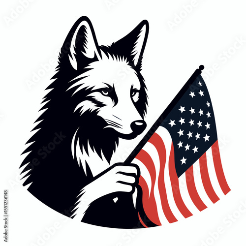 Coyote hold american flag. Independence Day 4th of July Flag Patriotism Usa America Clipart Line Art Vector Illustration. Wild dog clutching patriotic banner nation symbol concept.