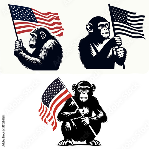 Chimpanzee hold american flag. Independence Day 4th of July Flag Patriotism Usa America Clipart Line Art Vector Illustration. Ape grasping united state banner primate display patriotic.