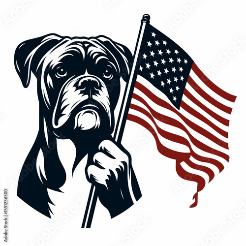 Boxer Dog hold american flag. Independence Day 4th of July Flag Patriotism Usa America Clipart Line Art Vector Illustration. Canine breed grips star banner patriotic animal with united.