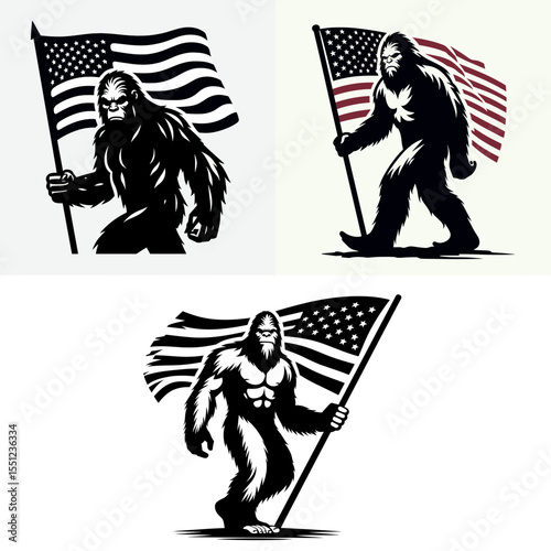 Bigfoot hold american flag. Independence Day 4th of July Flag Patriotism Usa America Clipart Line Art Vector Illustration. Legendary wildman display united state banner a concept patriotic.