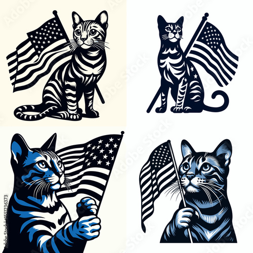 Bengal Cat hold american flag. Independence Day 4th of July Flag Patriotism Usa America Clipart Line Art Vector Illustration. Feline pet grips national banner patriotic domestic animal.