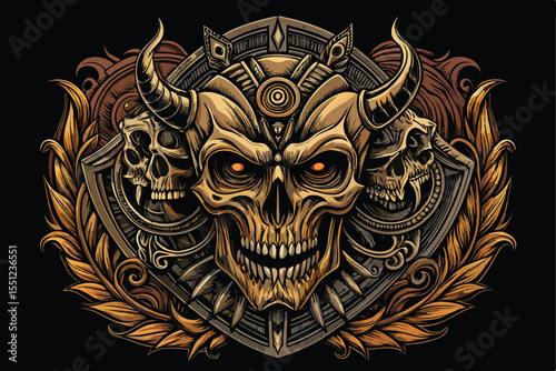 A detailed and stylized skull design, incorporating multiple skulls and ornate elements, evokes a powerful and rebellious aesthetic.