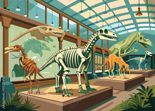 A vibrant illustration of a museum hall showcasing various dinosaur skeletons.