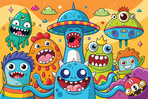 A vibrant, cartoon illustration of a group of diverse, happy monsters interacting in a fantastical space setting.