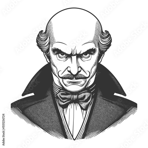 serious bald man with intense eyes and curled mustache, dressed in a formal vintage outfit sketch engraving generative ai fictional character vector illustration. Scratch board. Black and white image.
