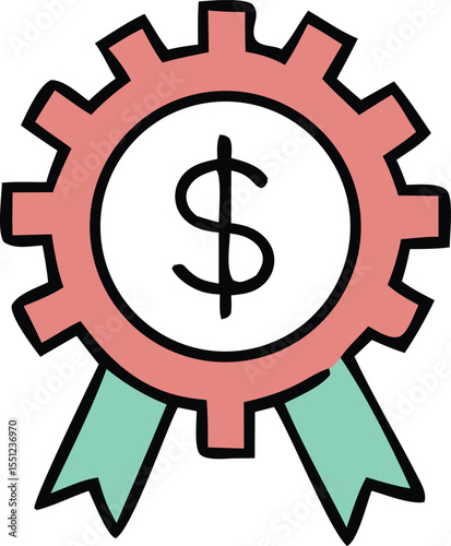 Stylized gear with dollar sign and ribbon represents financial success achievement and economic growth