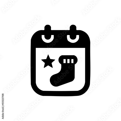 Cute black vector logo of a calendar page with a baby sock and star, perfect for birth announcements or baby showers.

