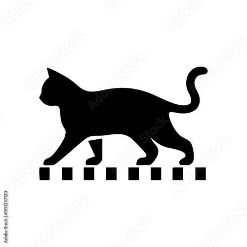 Minimalist vector illustration of a cat walking across a keyboard, black silhouette style.

