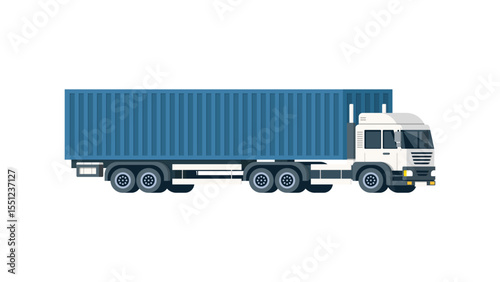 Flat illustration of a large container truck with a white cab and a long blue shipping container trailer, typically used for cargo transport and logistics operations.