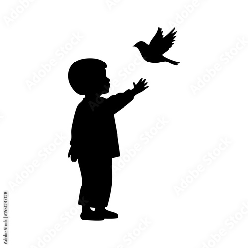 Black and white icon of a child with bird in flight, emphasizing harmony and imagination.

