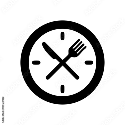 Minimalist vector icon of lunch time with fork and knife crossed over a clock face. Black and white clock and meal symbol representing lunch break or scheduled meal time.



