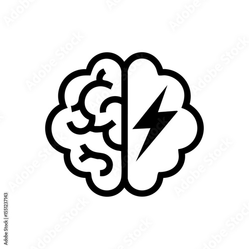 Split brain vector icon with one half logical and the other energized with a lightning bolt, symbolizing contrast in thinking.

