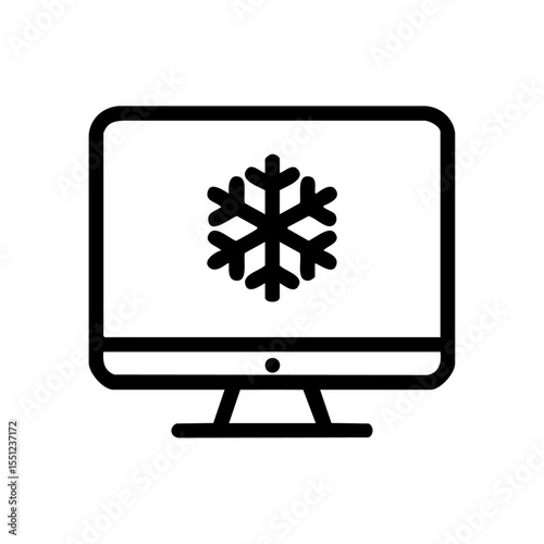 Black vector illustration of a computer monitor displaying a snowflake, symbolizing system freeze or cooling.

