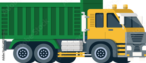 Flat illustration of a large dump truck with a yellow cab and a green cargo bed, designed to transport heavy materials, typically used in construction or industrial settings.