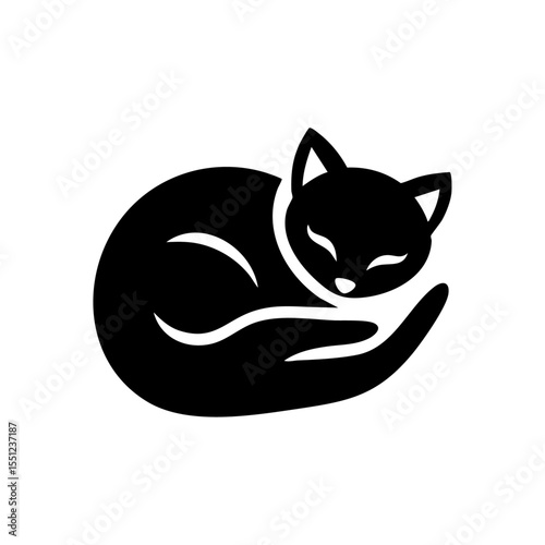 Cozy black vector icon of a curled-up cat peacefully resting in a protective human hand.

