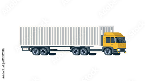 Flat illustration of a large container truck with a yellow cab and a long white shipping container trailer, typically used for cargo transport and logistics operations.