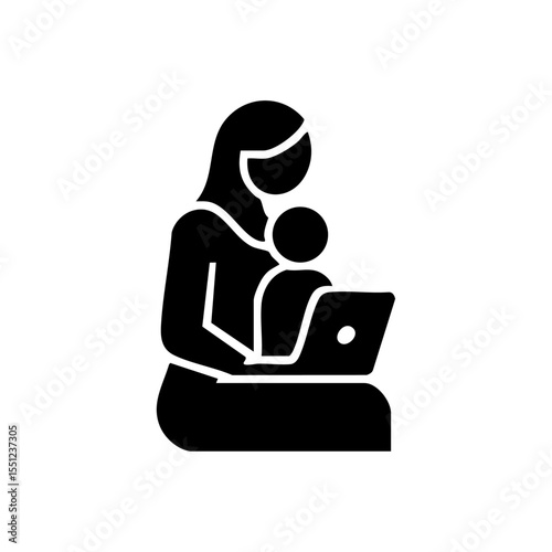 Black vector silhouette of a mother holding a baby while working on a laptop, representing work-life balance or remote parenting.

