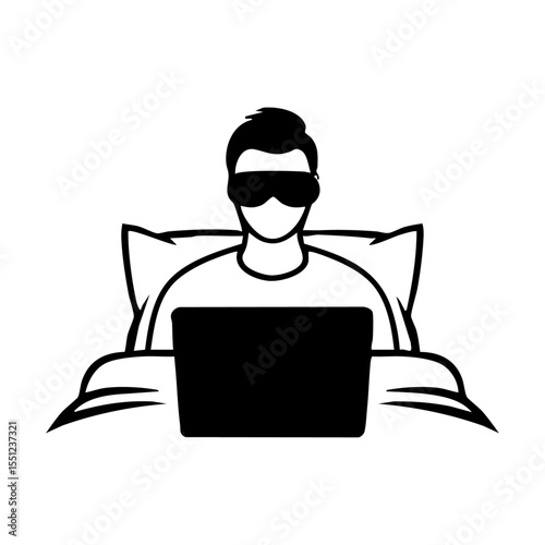 Vector icon of a relaxed man using a laptop in bed, wearing sunglasses, symbolizing comfort, casual work, or digital nomad life.

