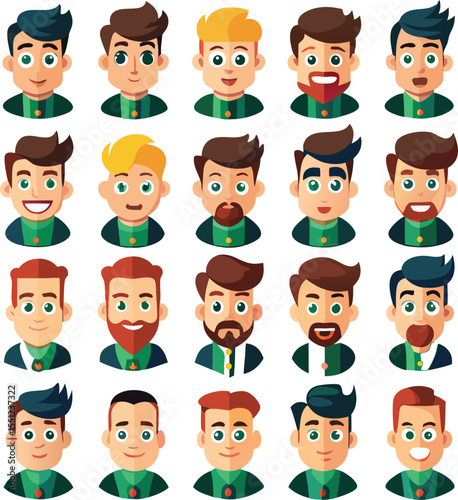 A diverse collection of stylized male avatars featuring various hairstyles facial hair and expressive faces in flat design