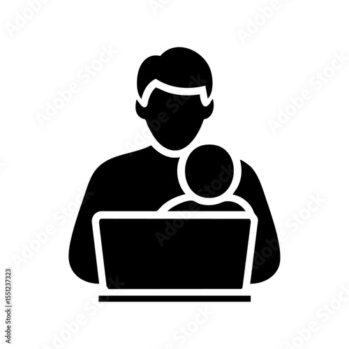 Flat black vector illustration of a father using a laptop while holding a baby, symbolizing modern fatherhood and work-from-home culture.


