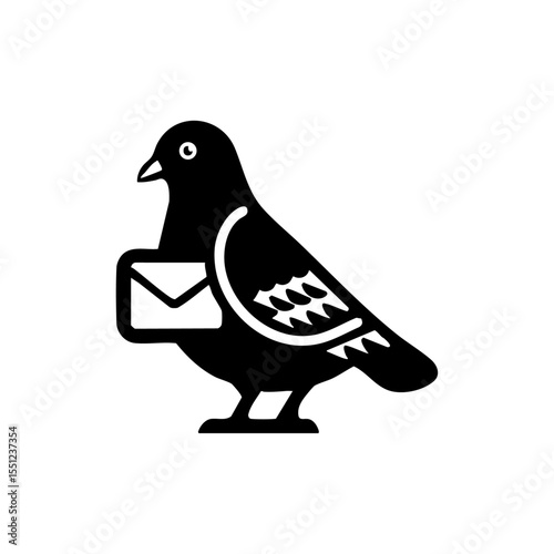 Black vector silhouette of a pigeon holding an envelope, symbolizing traditional mail or message delivery.

