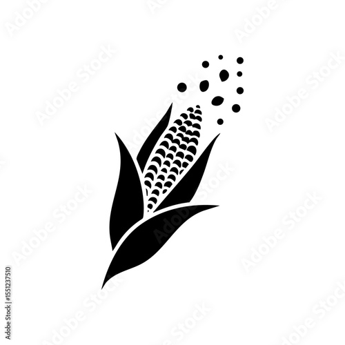 Simple vector icon of corn on the cob with scattered kernels, symbolizing harvest or organic food.

