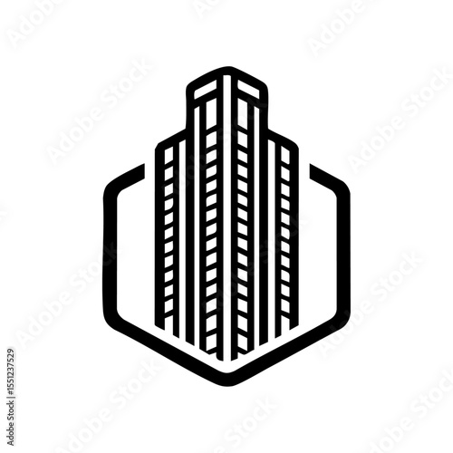 Minimalist black logo showing a city skyscraper with clean vertical lines and bold framing.

