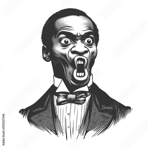man in formal attire with an exaggerated shocked expression, mouth wide open in dramatic reaction sketch engraving generative ai fictional character vector. Scratch board. Black and white image.