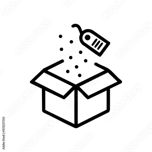 Minimalist black symbol of celebration inside a package with a discount tag.

