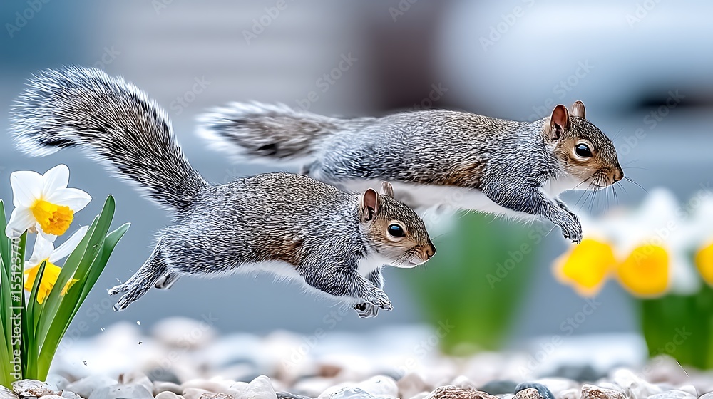 Obraz premium Two gray squirrels in mid-air leap over flowers